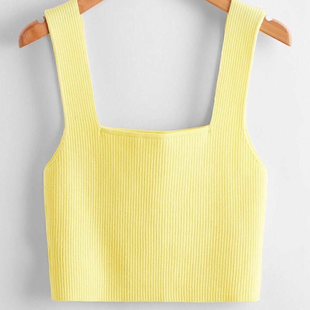 Yellow Casual Women's Solid Ribbed Knit Top